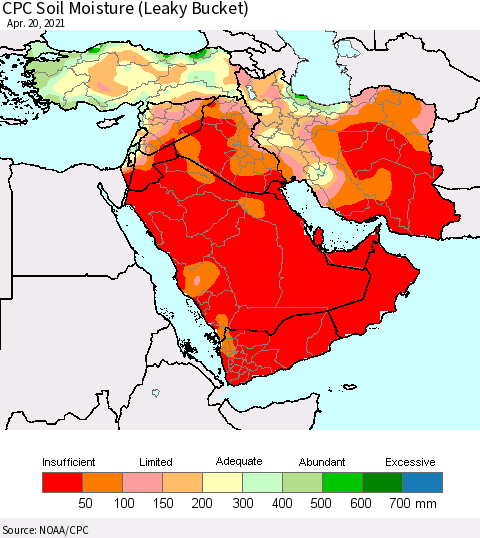 Middle East and Turkey CPC Soil Moisture (Leaky Bucket) Thematic Map For 4/16/2021 - 4/20/2021