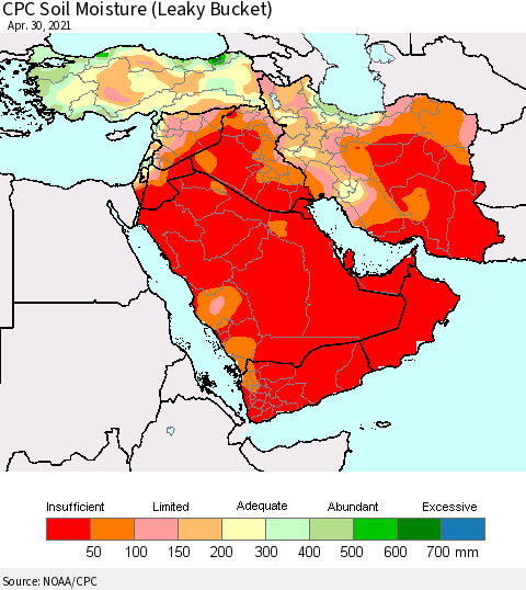 Middle East and Turkey CPC Soil Moisture (Leaky Bucket) Thematic Map For 4/26/2021 - 4/30/2021