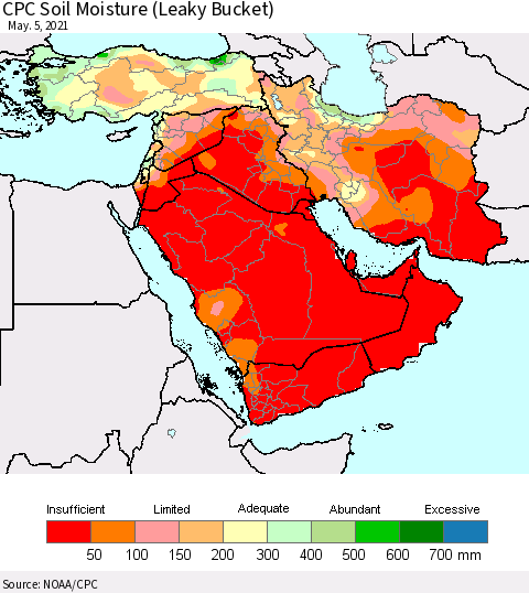 Middle East and Turkey CPC Soil Moisture (Leaky Bucket) Thematic Map For 5/1/2021 - 5/5/2021