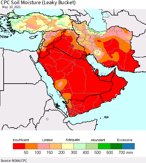 Middle East and Turkey CPC Soil Moisture (Leaky Bucket) Thematic Map For 5/6/2021 - 5/10/2021