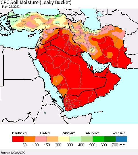 Middle East and Turkey CPC Soil Moisture (Leaky Bucket) Thematic Map For 5/21/2021 - 5/25/2021