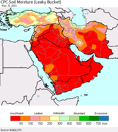 Middle East and Turkey CPC Soil Moisture (Leaky Bucket) Thematic Map For 5/26/2021 - 5/31/2021