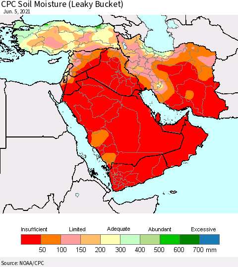 Middle East and Turkey CPC Soil Moisture (Leaky Bucket) Thematic Map For 6/1/2021 - 6/5/2021