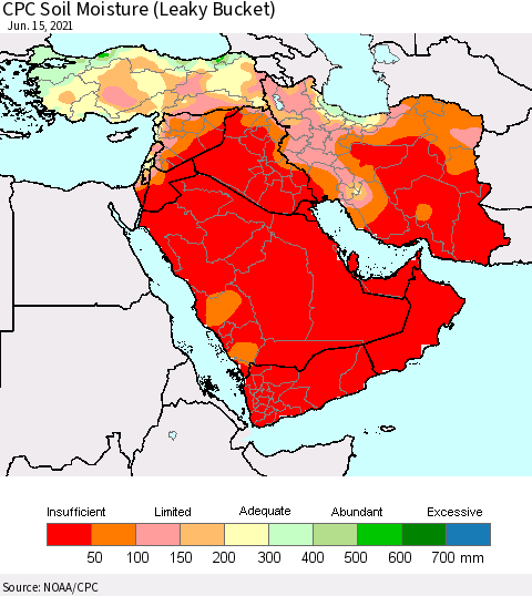 Middle East and Turkey CPC Soil Moisture (Leaky Bucket) Thematic Map For 6/11/2021 - 6/15/2021