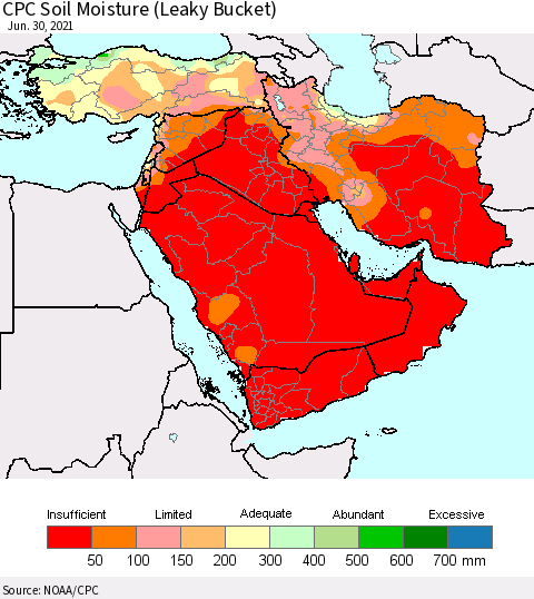 Middle East and Turkey CPC Soil Moisture (Leaky Bucket) Thematic Map For 6/26/2021 - 6/30/2021