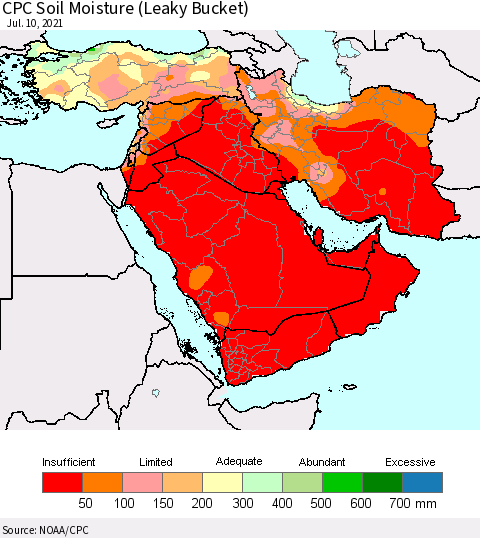 Middle East and Turkey CPC Soil Moisture (Leaky Bucket) Thematic Map For 7/6/2021 - 7/10/2021