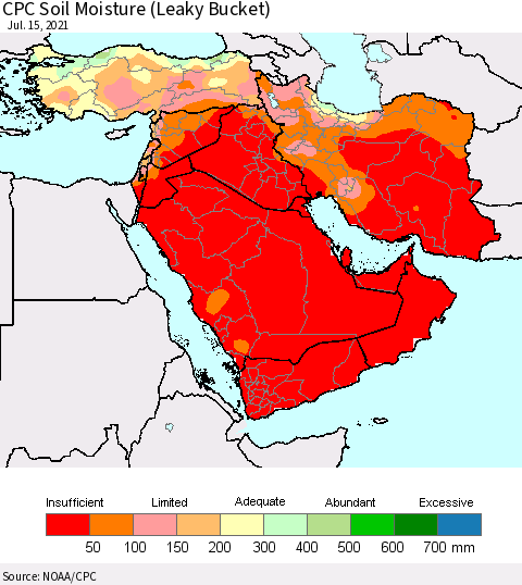 Middle East and Turkey CPC Soil Moisture (Leaky Bucket) Thematic Map For 7/11/2021 - 7/15/2021