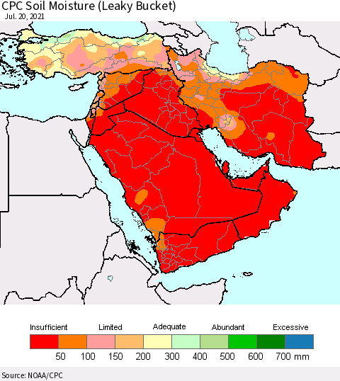 Middle East and Turkey CPC Soil Moisture (Leaky Bucket) Thematic Map For 7/16/2021 - 7/20/2021