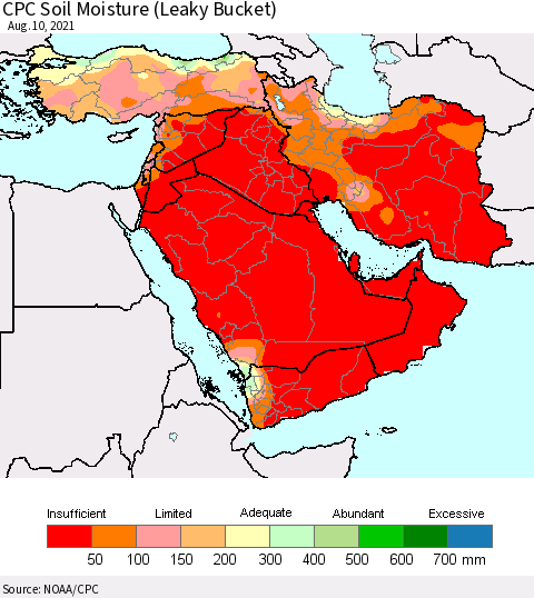 Middle East and Turkey CPC Soil Moisture (Leaky Bucket) Thematic Map For 8/6/2021 - 8/10/2021