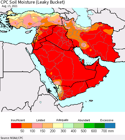 Middle East and Turkey CPC Soil Moisture (Leaky Bucket) Thematic Map For 8/11/2021 - 8/15/2021