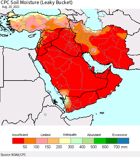 Middle East and Turkey CPC Soil Moisture (Leaky Bucket) Thematic Map For 8/16/2021 - 8/20/2021