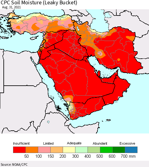Middle East and Turkey CPC Soil Moisture (Leaky Bucket) Thematic Map For 8/26/2021 - 8/31/2021