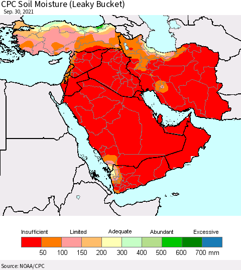 Middle East and Turkey CPC Soil Moisture (Leaky Bucket) Thematic Map For 9/26/2021 - 9/30/2021