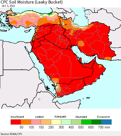 Middle East and Turkey CPC Soil Moisture (Leaky Bucket) Thematic Map For 10/1/2021 - 10/5/2021