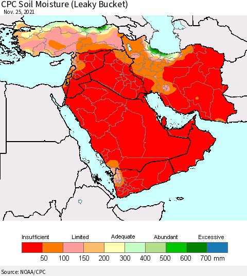 Middle East and Turkey CPC Soil Moisture (Leaky Bucket) Thematic Map For 11/21/2021 - 11/25/2021
