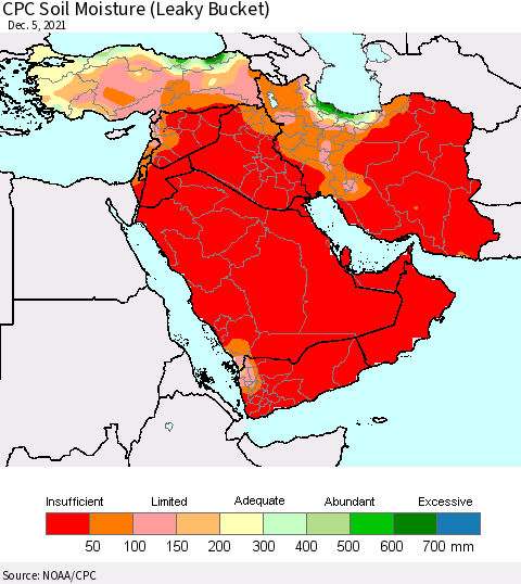 Middle East and Turkey CPC Soil Moisture (Leaky Bucket) Thematic Map For 12/1/2021 - 12/5/2021