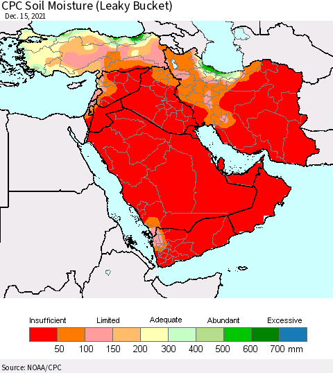 Middle East and Turkey CPC Soil Moisture (Leaky Bucket) Thematic Map For 12/11/2021 - 12/15/2021