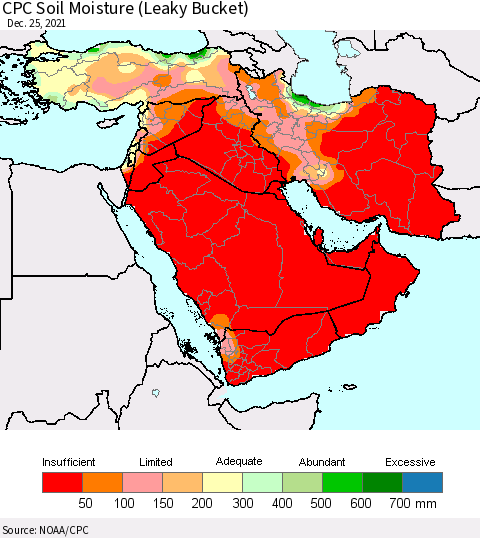 Middle East and Turkey CPC Soil Moisture (Leaky Bucket) Thematic Map For 12/21/2021 - 12/25/2021