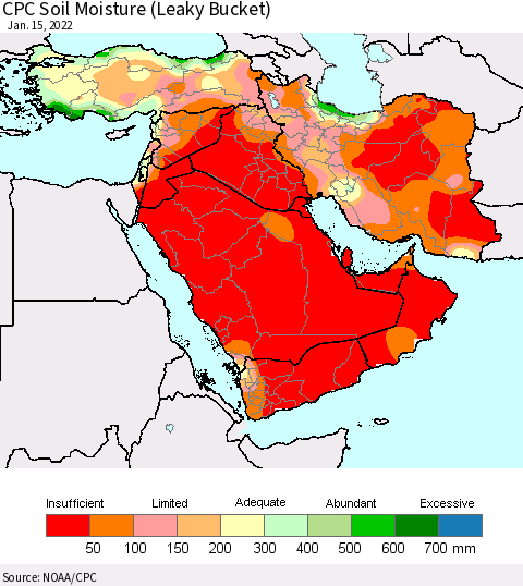 Middle East and Turkey CPC Soil Moisture (Leaky Bucket) Thematic Map For 1/11/2022 - 1/15/2022