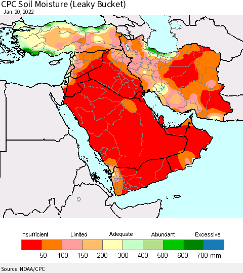 Middle East and Turkey CPC Soil Moisture (Leaky Bucket) Thematic Map For 1/16/2022 - 1/20/2022
