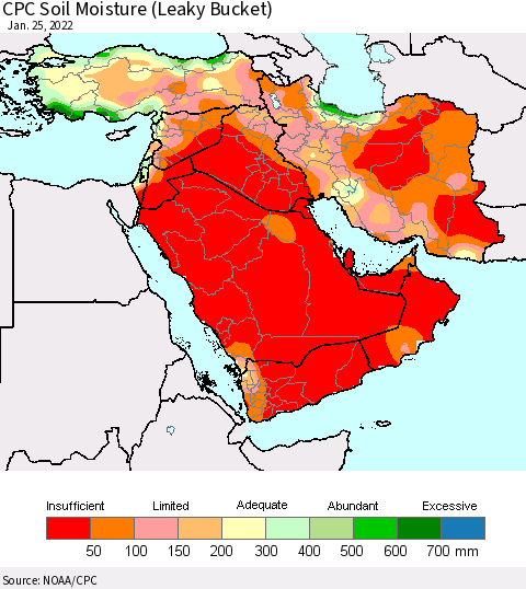 Middle East and Turkey CPC Soil Moisture (Leaky Bucket) Thematic Map For 1/21/2022 - 1/25/2022
