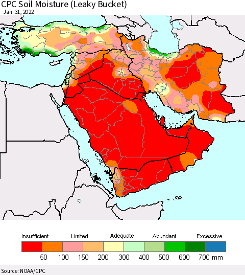 Middle East and Turkey CPC Soil Moisture (Leaky Bucket) Thematic Map For 1/26/2022 - 1/31/2022