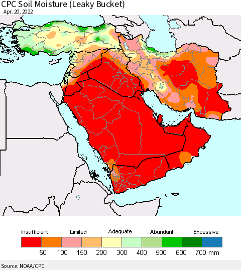 Middle East and Turkey CPC Soil Moisture (Leaky Bucket) Thematic Map For 4/16/2022 - 4/20/2022