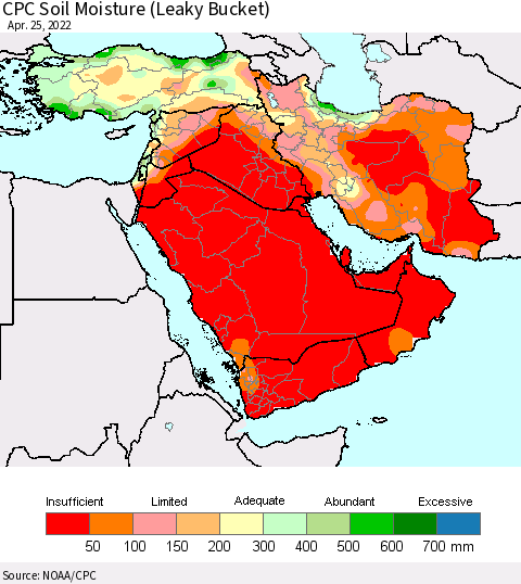 Middle East and Turkey CPC Soil Moisture (Leaky Bucket) Thematic Map For 4/21/2022 - 4/25/2022
