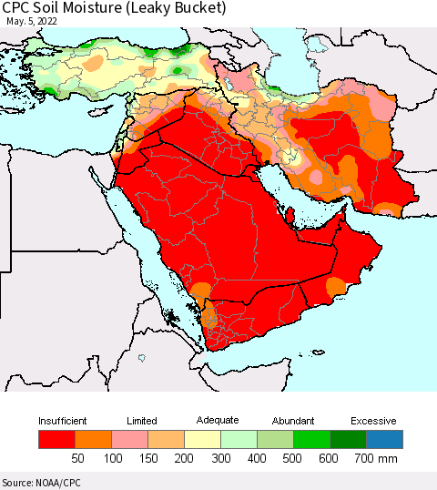 Middle East and Turkey CPC Soil Moisture (Leaky Bucket) Thematic Map For 5/1/2022 - 5/5/2022