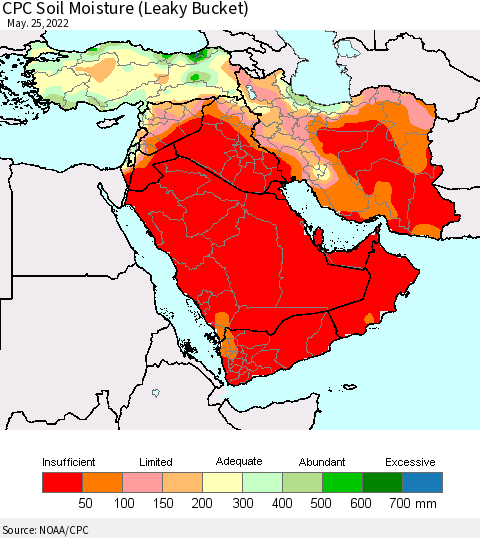 Middle East and Turkey CPC Soil Moisture (Leaky Bucket) Thematic Map For 5/21/2022 - 5/25/2022
