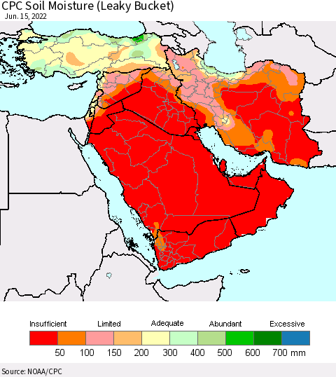 Middle East and Turkey CPC Soil Moisture (Leaky Bucket) Thematic Map For 6/11/2022 - 6/15/2022