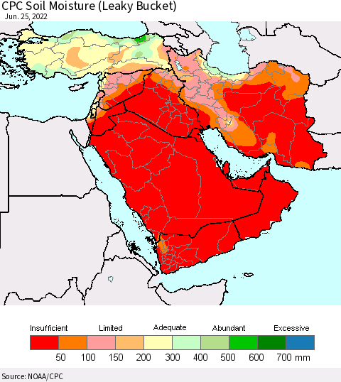 Middle East and Turkey CPC Soil Moisture (Leaky Bucket) Thematic Map For 6/21/2022 - 6/25/2022