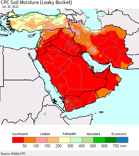 Middle East and Turkey CPC Soil Moisture (Leaky Bucket) Thematic Map For 7/16/2022 - 7/20/2022