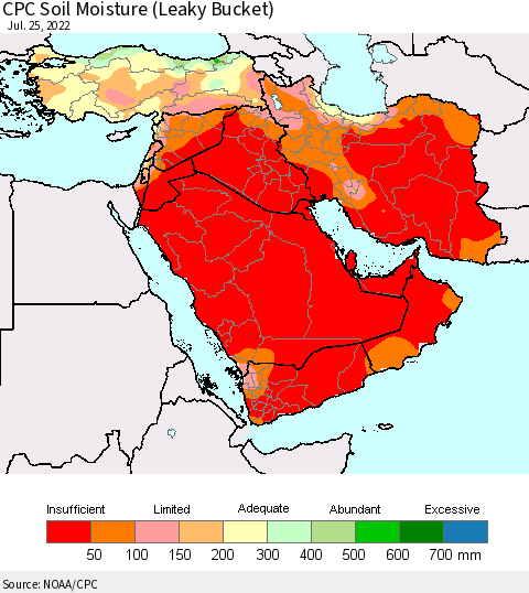 Middle East and Turkey CPC Soil Moisture (Leaky Bucket) Thematic Map For 7/21/2022 - 7/25/2022
