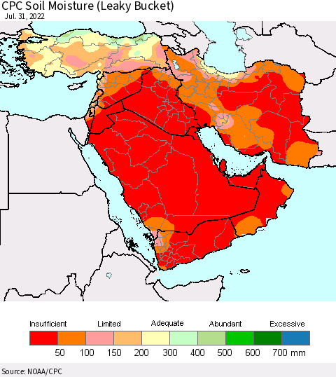 Middle East and Turkey CPC Soil Moisture (Leaky Bucket) Thematic Map For 7/26/2022 - 7/31/2022