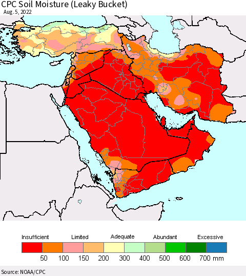 Middle East and Turkey CPC Soil Moisture (Leaky Bucket) Thematic Map For 8/1/2022 - 8/5/2022