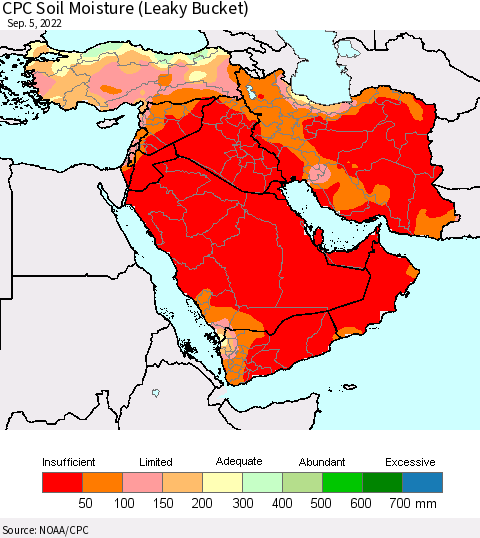 Middle East and Turkey CPC Soil Moisture (Leaky Bucket) Thematic Map For 9/1/2022 - 9/5/2022