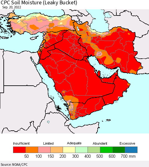 Middle East and Turkey CPC Soil Moisture (Leaky Bucket) Thematic Map For 9/16/2022 - 9/20/2022