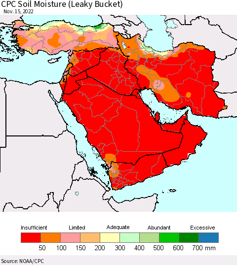 Middle East and Turkey CPC Soil Moisture (Leaky Bucket) Thematic Map For 11/11/2022 - 11/15/2022