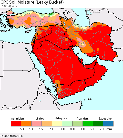 Middle East and Turkey CPC Soil Moisture (Leaky Bucket) Thematic Map For 11/16/2022 - 11/20/2022