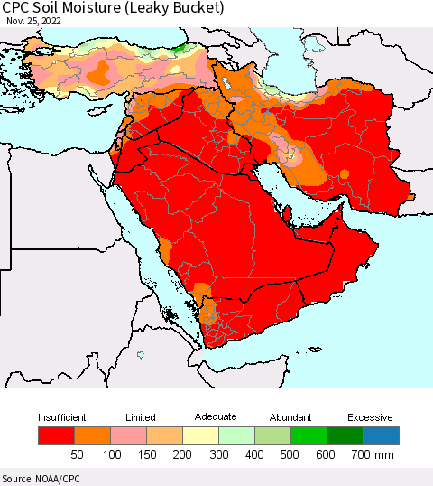 Middle East and Turkey CPC Soil Moisture (Leaky Bucket) Thematic Map For 11/21/2022 - 11/25/2022