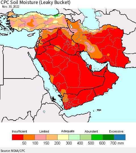 Middle East and Turkey CPC Soil Moisture (Leaky Bucket) Thematic Map For 11/26/2022 - 11/30/2022