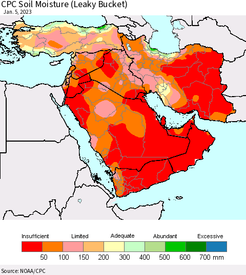 Middle East and Turkey CPC Soil Moisture (Leaky Bucket) Thematic Map For 1/1/2023 - 1/5/2023