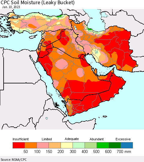 Middle East and Turkey CPC Soil Moisture (Leaky Bucket) Thematic Map For 1/6/2023 - 1/10/2023