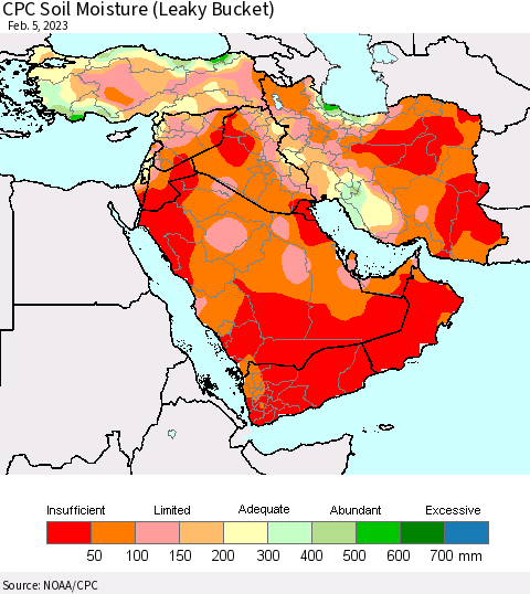 Middle East and Turkey CPC Soil Moisture (Leaky Bucket) Thematic Map For 2/1/2023 - 2/5/2023