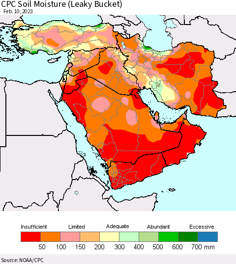 Middle East and Turkey CPC Soil Moisture (Leaky Bucket) Thematic Map For 2/6/2023 - 2/10/2023