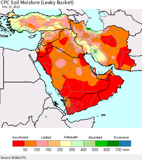 Middle East and Turkey CPC Soil Moisture (Leaky Bucket) Thematic Map For 2/11/2023 - 2/15/2023