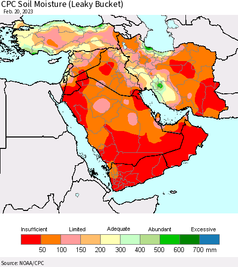 Middle East and Turkey CPC Soil Moisture (Leaky Bucket) Thematic Map For 2/16/2023 - 2/20/2023