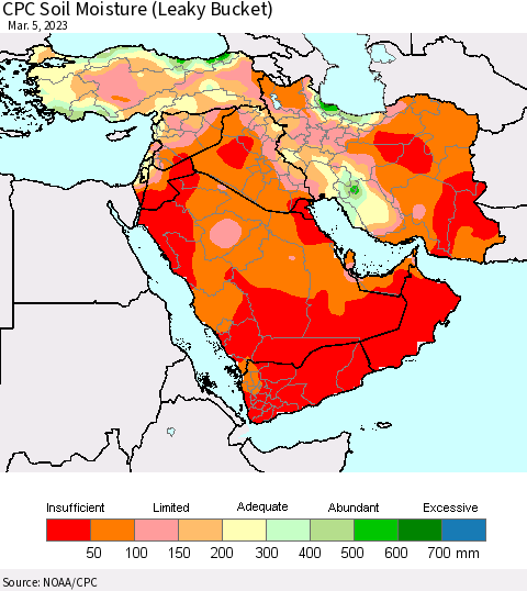 Middle East and Turkey CPC Soil Moisture (Leaky Bucket) Thematic Map For 3/1/2023 - 3/5/2023