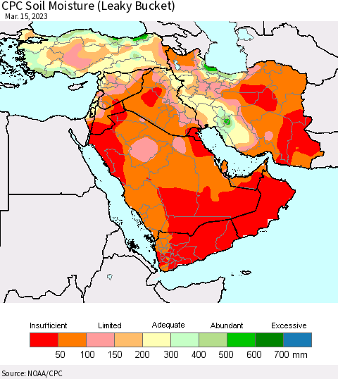 Middle East and Turkey CPC Soil Moisture (Leaky Bucket) Thematic Map For 3/11/2023 - 3/15/2023